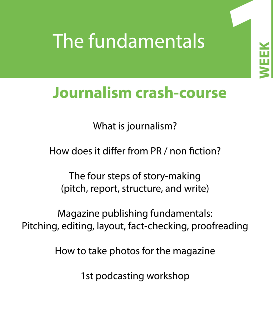 Week one schedule for our summer journalism course