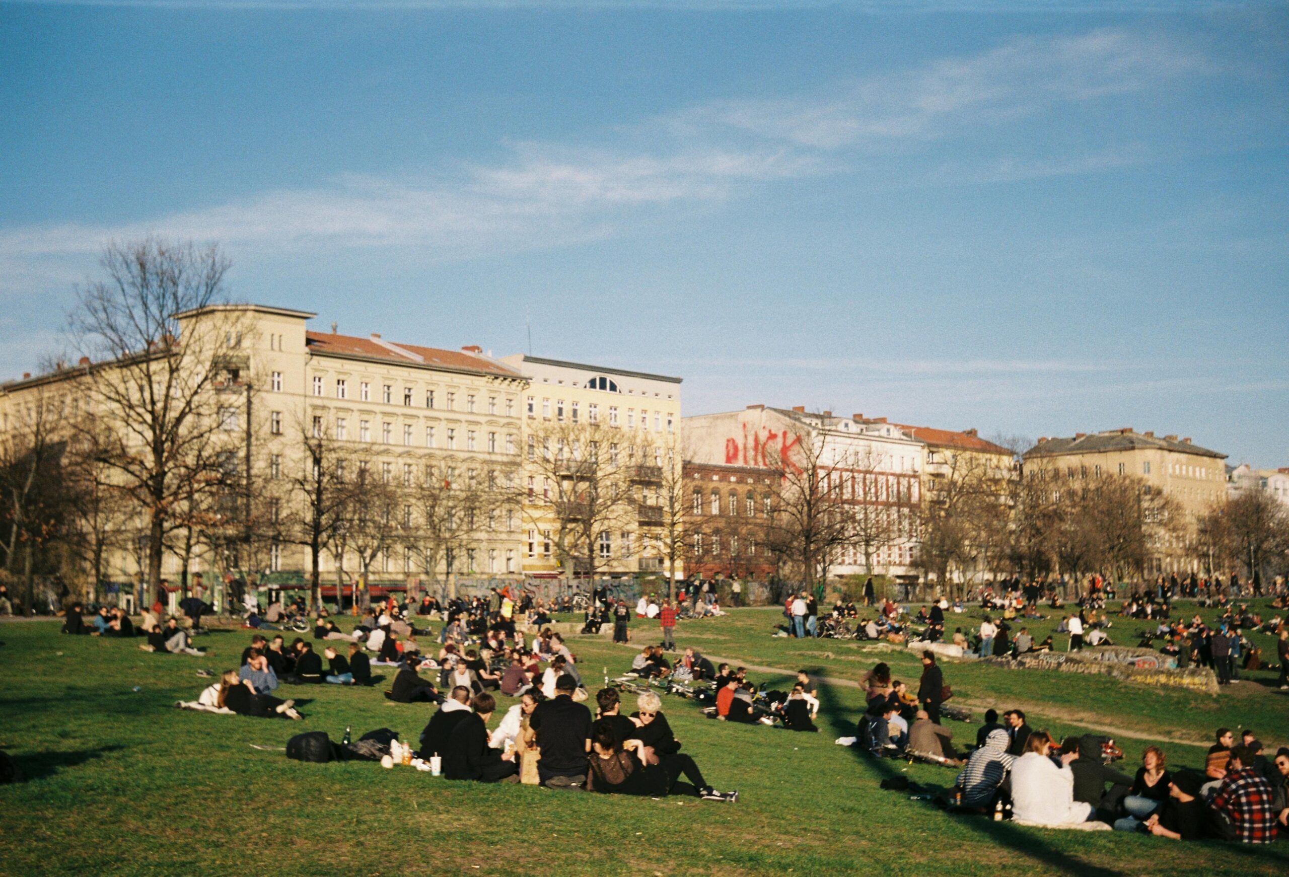 Gorlitzer Park in Berlin with a big crowd enjoying the sunshine